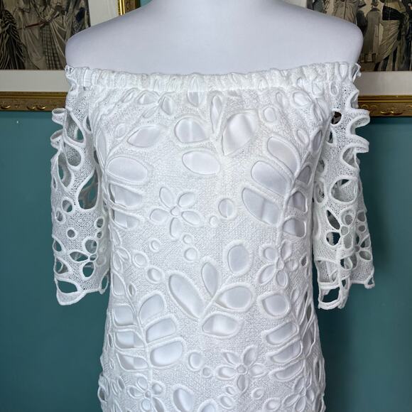PrettyGarden S cottagecore White Lace Off Shoulder Mini Dress Floral Cutout - Picture 2 of 9